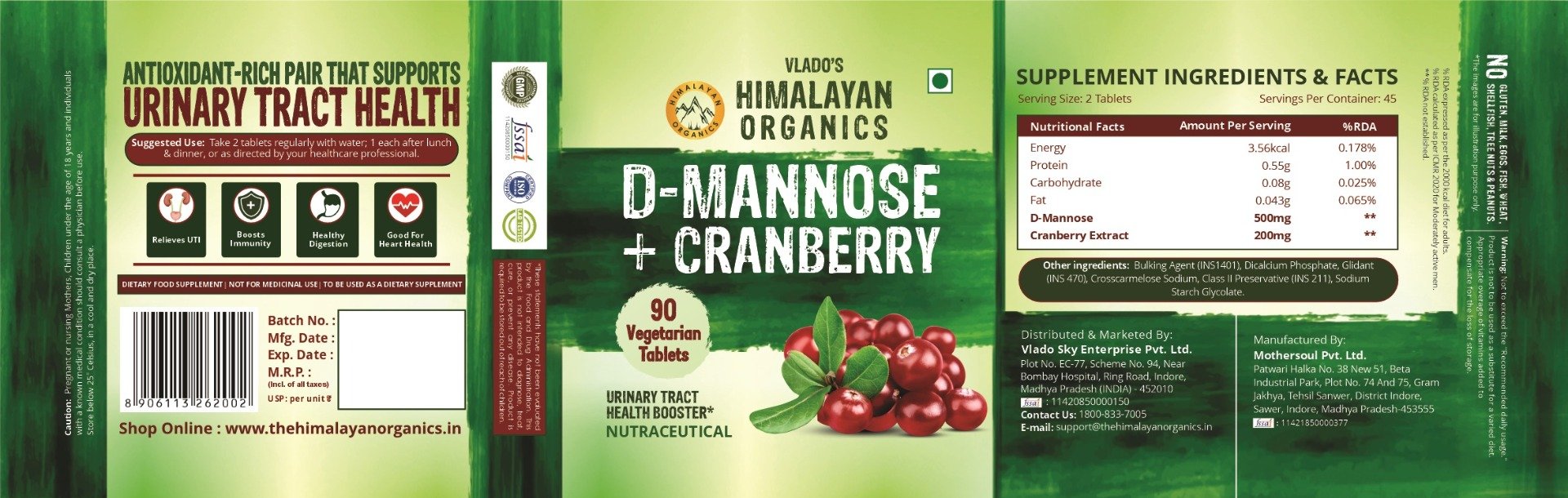 Vlado's Himalayan Organics D-Mannose + Cranberry, 90 Tablets, Pack of 1 Vlado's Himalayan Organics D-Mannose + Cranberry, 90 Tablets, Pack of 1