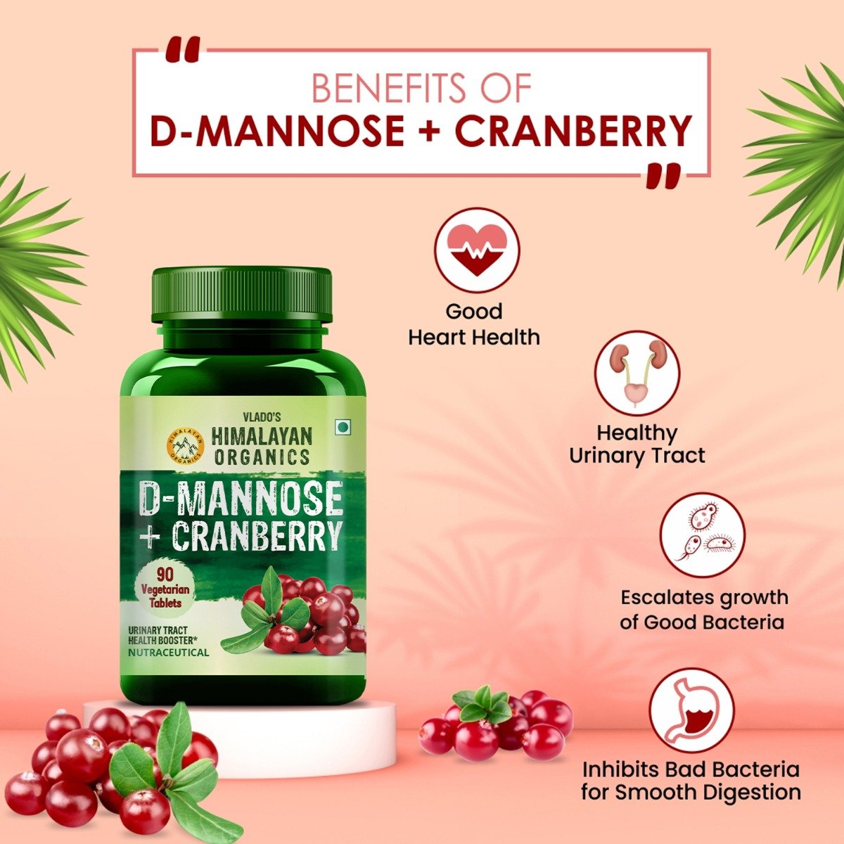Vlado's Himalayan Organics D-Mannose + Cranberry, 90 Tablets, Pack of 1 Vlado's Himalayan Organics D-Mannose + Cranberry, 90 Tablets, Pack of 1