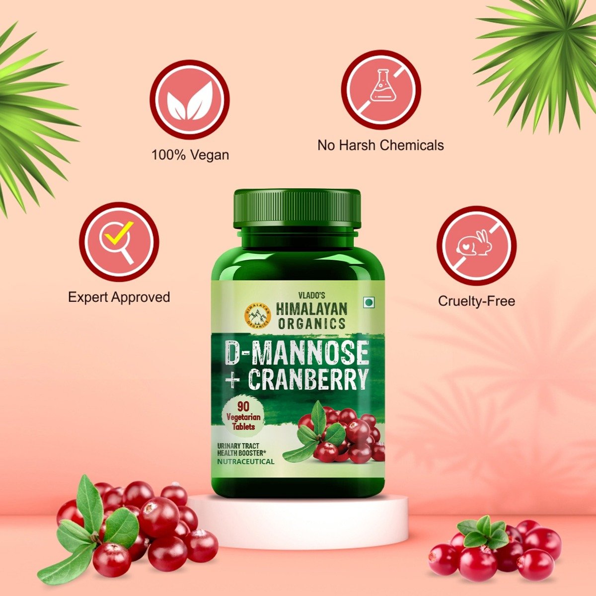 Vlado's Himalayan Organics D-Mannose + Cranberry, 90 Tablets, Pack of 1 Vlado's Himalayan Organics D-Mannose + Cranberry, 90 Tablets, Pack of 1
