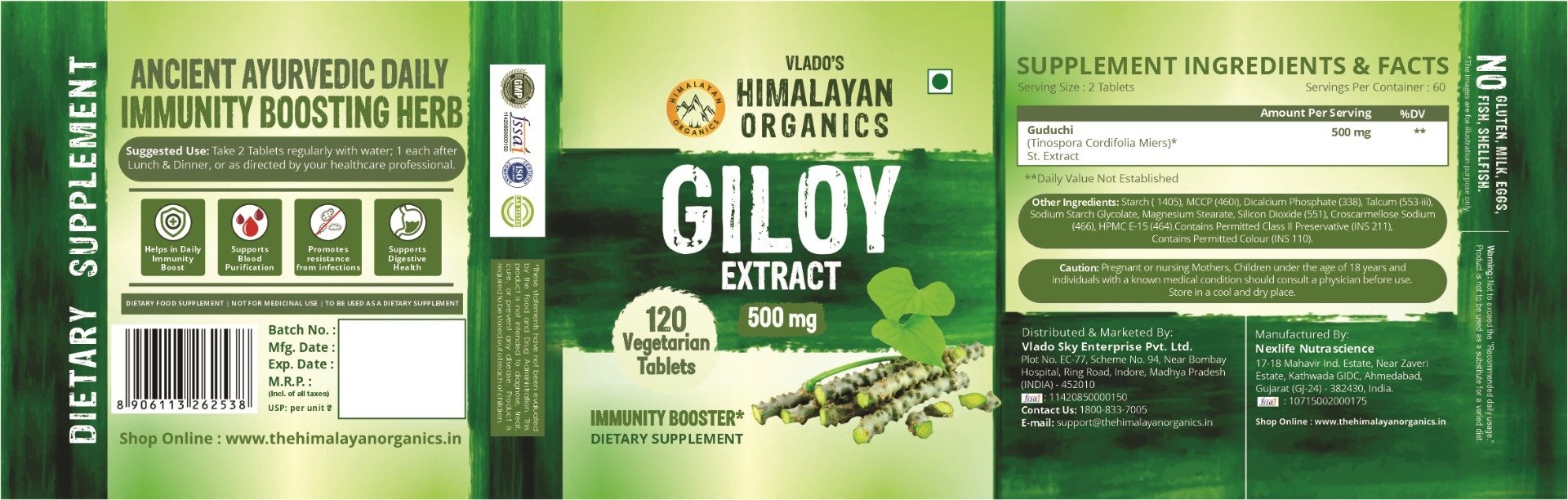 Vlado's Himalayan Organics Giloy Extracts 500mg, 120 Tablets, Pack of 1 Vlado's Himalayan Organics Giloy Extracts 500mg, 120 Tablets, Pack of 1
