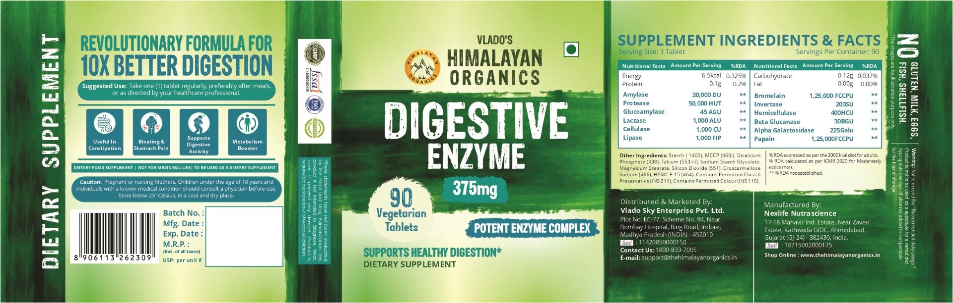 Vlado's Himalayan Organics Digestive Enzyme 375mg, 90 Tablets, Pack of 1 Vlado's Himalayan Organics Digestive Enzyme 375mg, 90 Tablets, Pack of 1