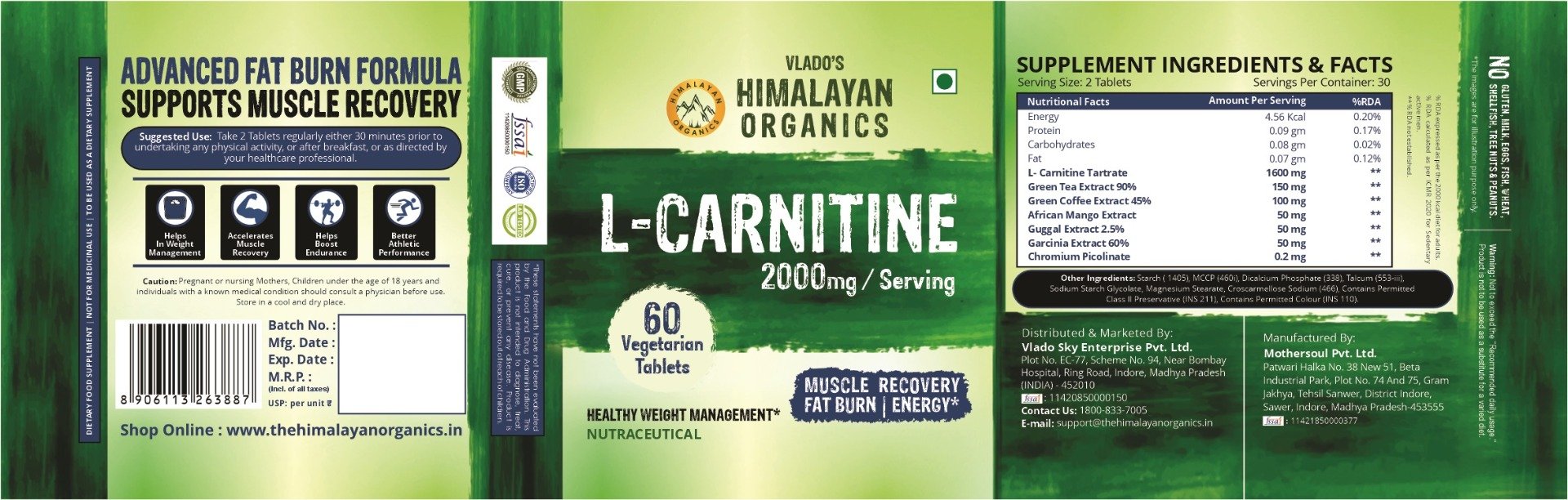 Vlado's Himalayan Organics L-Carnitine 2000mg, 60 Tablets, Pack of 1 Vlado's Himalayan Organics L-Carnitine 2000mg, 60 Tablets, Pack of 1