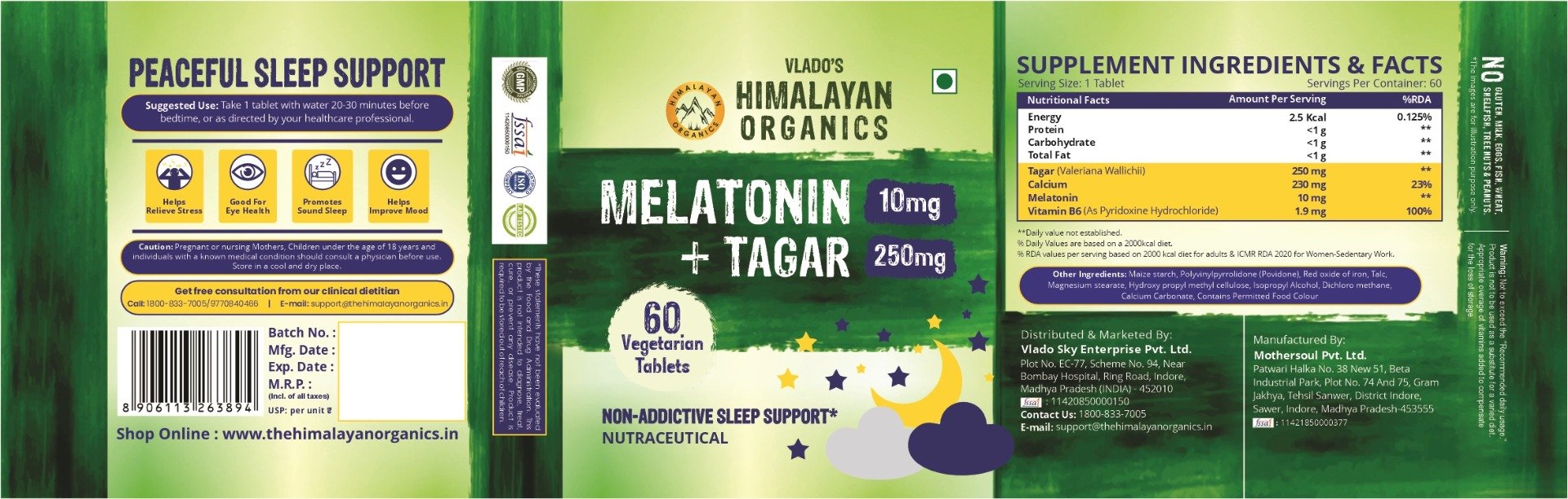 Vlado's Himalayan Organics Melatonin 10mg+Tagar 250mg, 60 Tablets, Pack of 1 Vlado's Himalayan Organics Melatonin 10mg+Tagar 250mg, 60 Tablets, Pack of 1