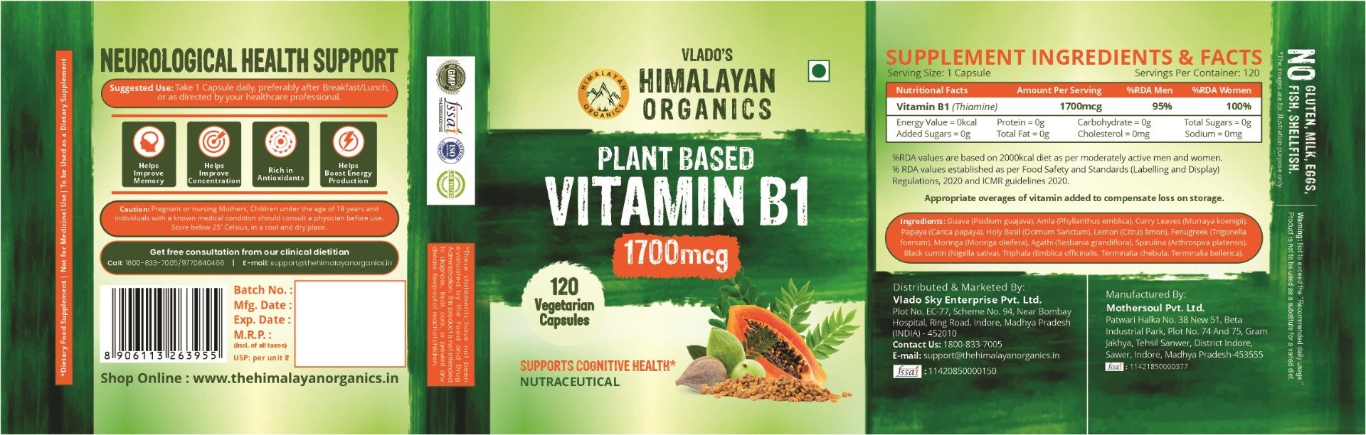 Vlado's Himalayan Organics Plant Based Vitamin B1 1700mcg, 120 Capsules, Pack of 1 Vlado's Himalayan Organics Plant Based Vitamin B1 1700mcg, 120 Capsules, Pack of 1