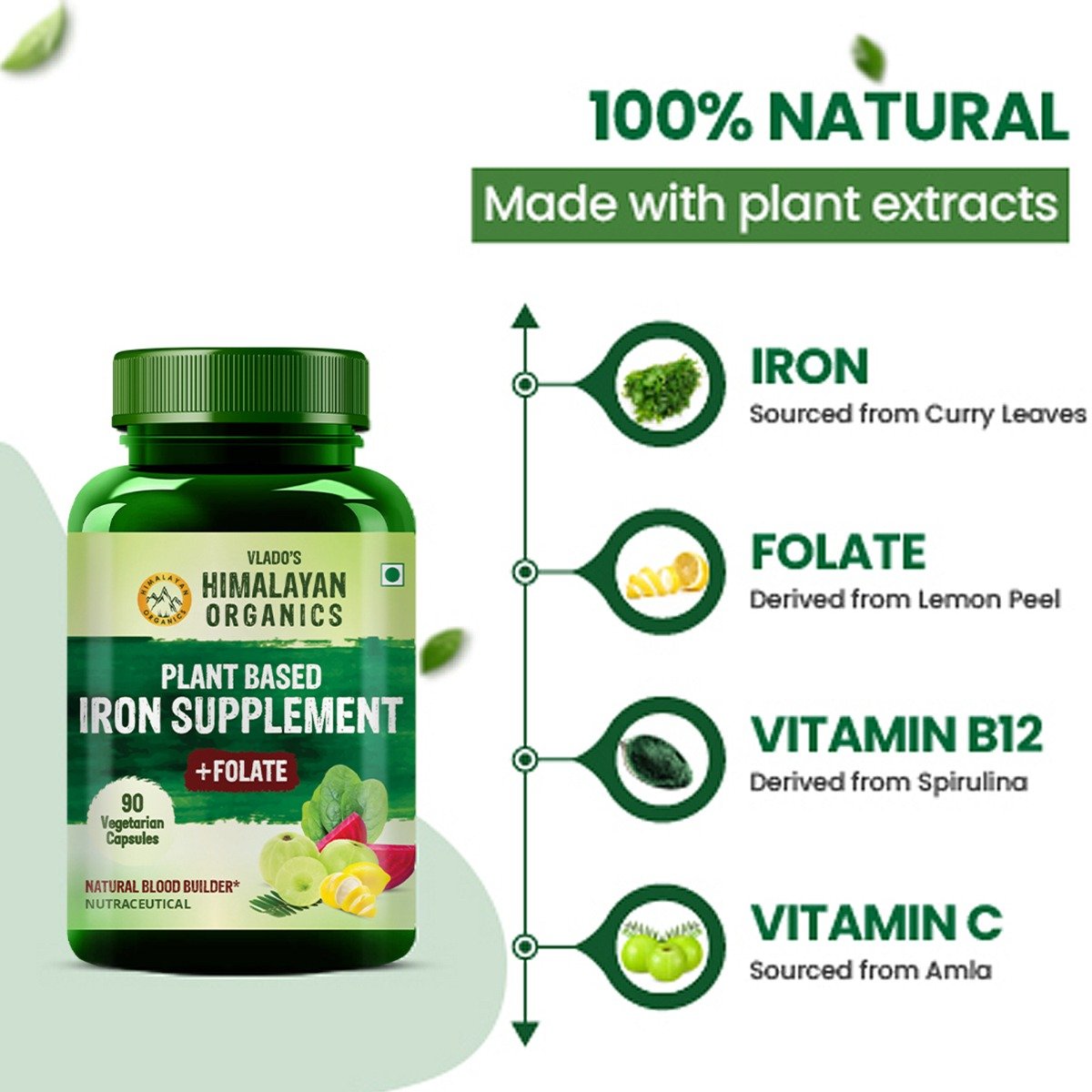 Vlado's Himalayan Organics Plant Based Iron Supplement with Folate, 90 Capsules, Pack of 1 Vlado's Himalayan Organics Plant Based Iron Supplement with Folate, 90 Capsules, Pack of 1