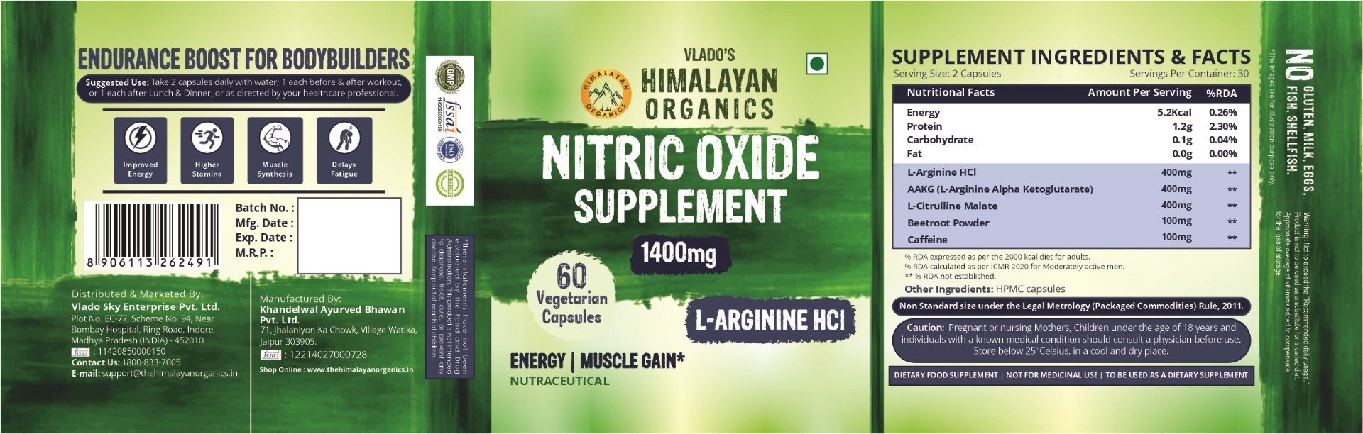 Vlado's Himalayan Organics Nitric Oxide 1400mg Supplement with L-Arginine HCI, 60 Capsules, Pack of 1 Vlado's Himalayan Organics Nitric Oxide 1400mg Supplement with L-Arginine HCI, 60 Capsules, Pack of 1