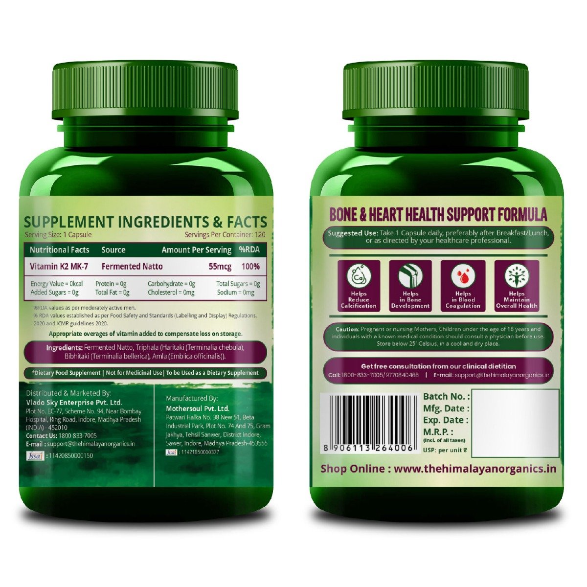 Vlado's Himalayan Organics Plant Based Vitamin K2 MK- 7 Supplement Supports Stronger Bone & Heart Health |K2 supplements for Men & Women - 120 Veg Capsules, Pack of 1 Vlado's Himalayan Organics Plant Based Vitamin K2 MK- 7 Supplement Supports Stronger Bone & Heart Health |K2 supplements for Men & Women - 120 Veg Capsules, Pack of 1