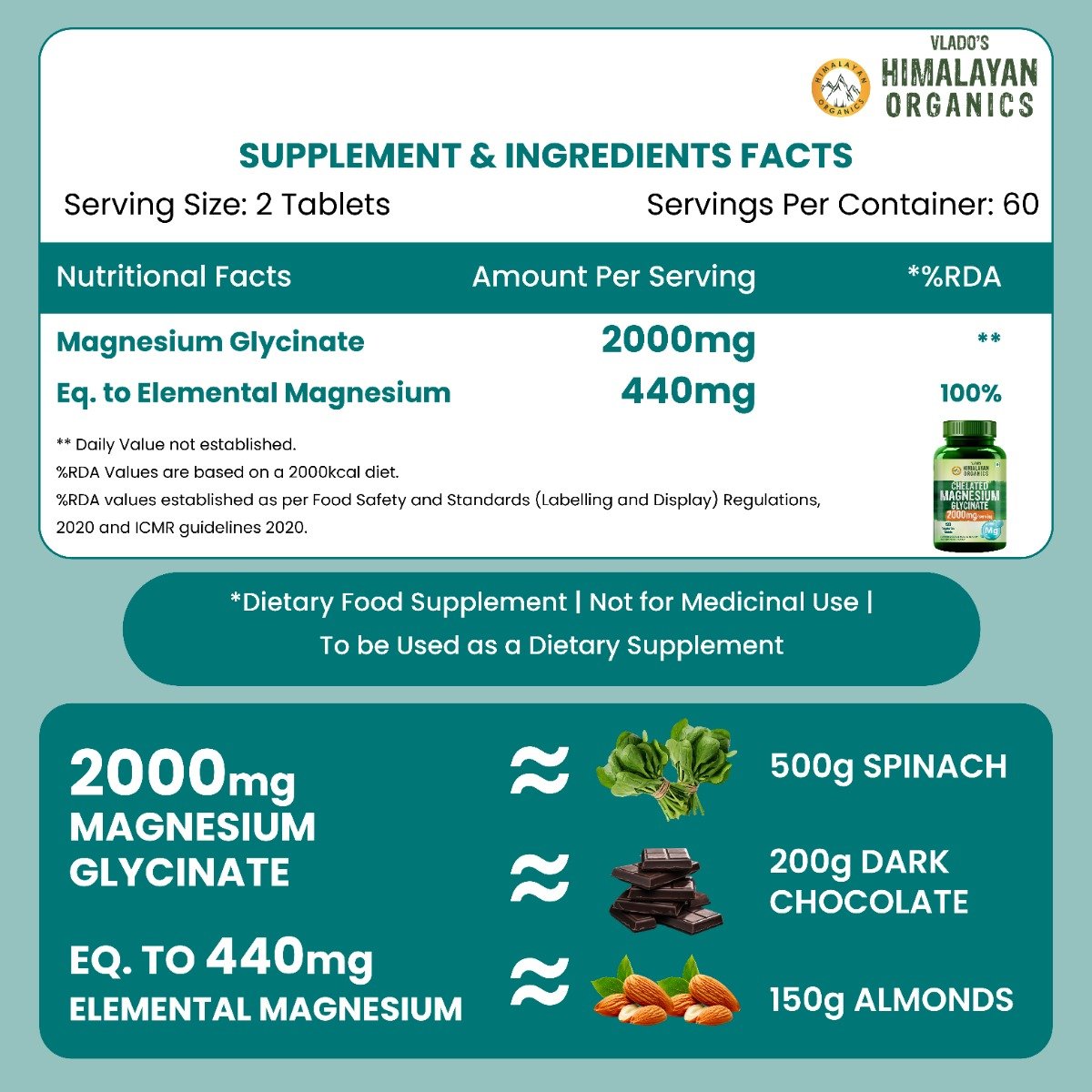 Vlado's Himalayan Organics Highly Absorbable Magnesium Glycinate 600mg, 120 Capsules, Pack of 1 Vlado's Himalayan Organics Highly Absorbable Magnesium Glycinate 600mg, 120 Capsules, Pack of 1