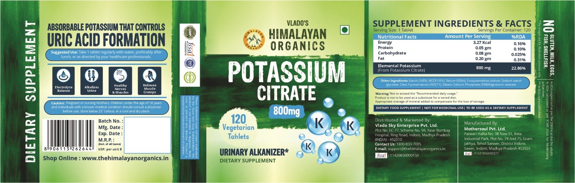 Vlado's Himalayan Organics Potassium Citrate 800mg, 120 Tablets, Pack of 1 Vlado's Himalayan Organics Potassium Citrate 800mg, 120 Tablets, Pack of 1