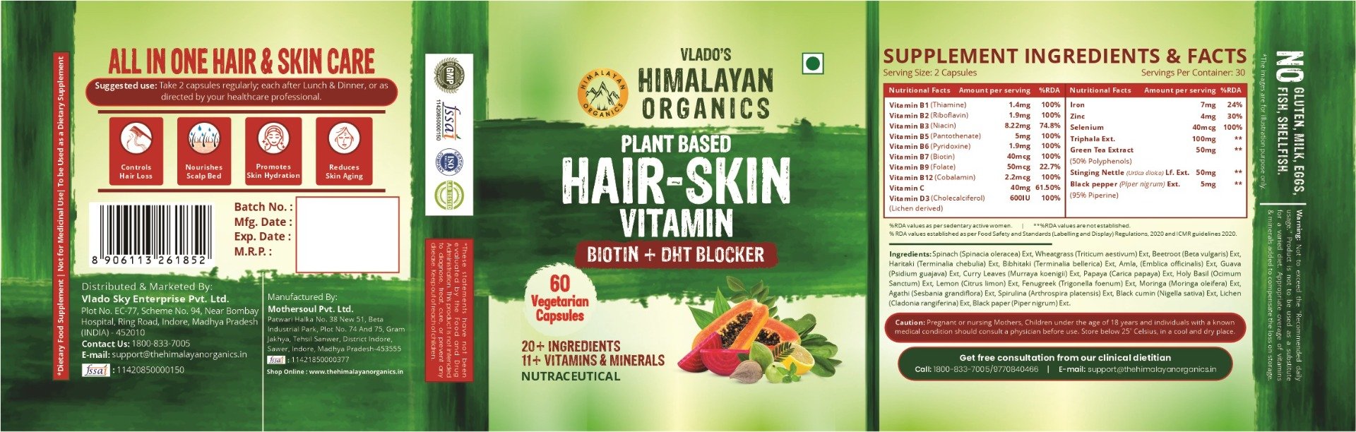 Vlado's Himalayan Organics Plant Based Hair-Skin Vitamin with Biotin+DHT Blocker, 60 Capsules, Pack of 1 Vlado's Himalayan Organics Plant Based Hair-Skin Vitamin with Biotin+DHT Blocker, 60 Capsules, Pack of 1