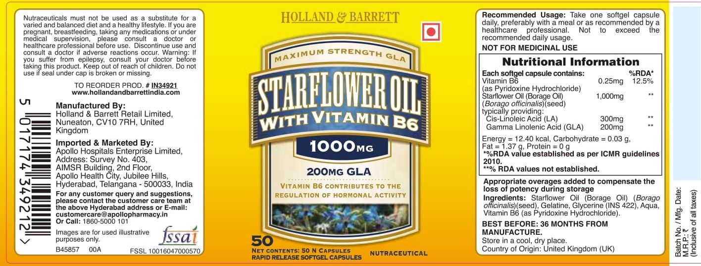 Holland & Barrett Starflower Oil With Vitamin B6 1000 mg, 50 Capsules
