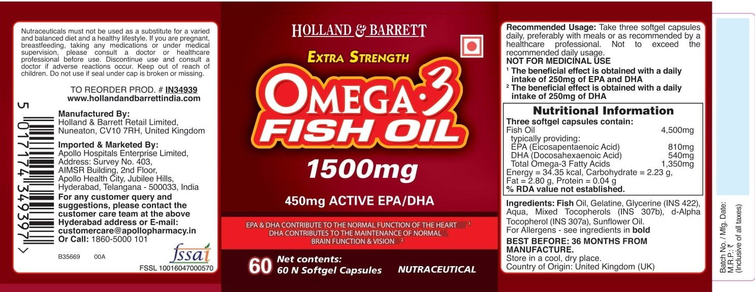 Holland & Barrett Extra Strength Omega 3 Fish Oil 1500 mg, 60 Capsules Price, Uses, Side Effects