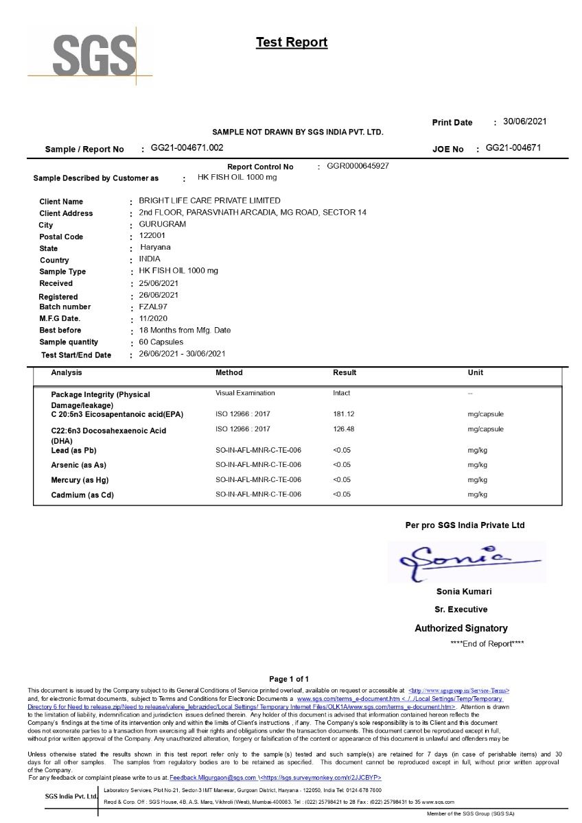 HealthKart HK Vitals Fish Oil 1000 mg, 60 Soft Gelatin Capsules Price