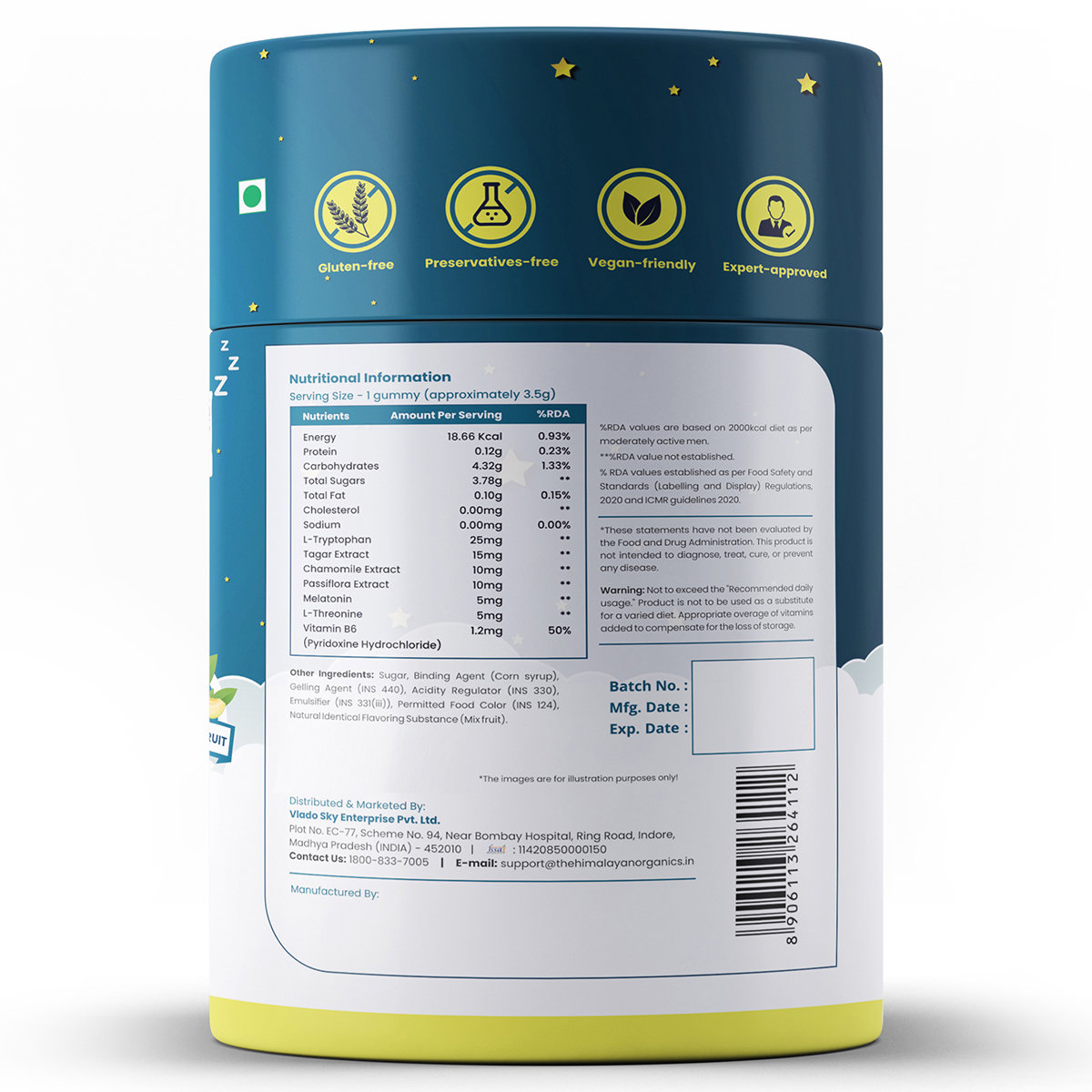 Vlado's Himalayan Organics Melatonin Tagar + Chamomile Extract Mixed Fruit Flavour, 30 Gummies, Pack of 1 Vlado's Himalayan Organics Melatonin Tagar + Chamomile Extract Mixed Fruit Flavour, 30 Gummies, Pack of 1