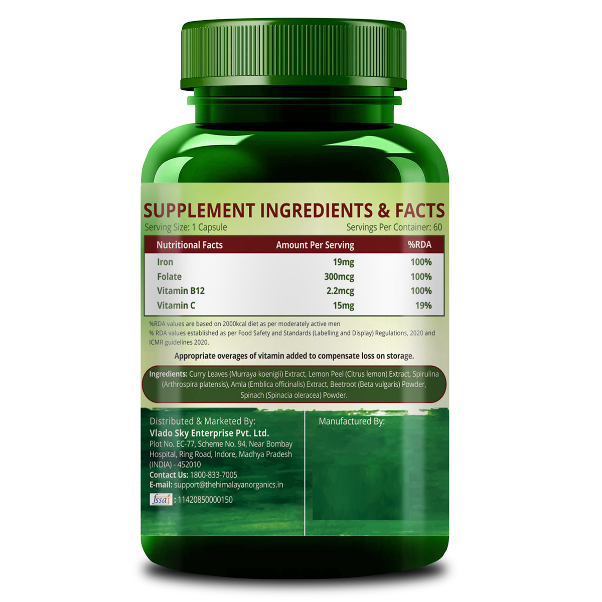 Vlado's Himalayan Organics Plant Based Iron Supplement with Folate, 60 Capsules, Pack of 1 Vlado's Himalayan Organics Plant Based Iron Supplement with Folate, 60 Capsules, Pack of 1