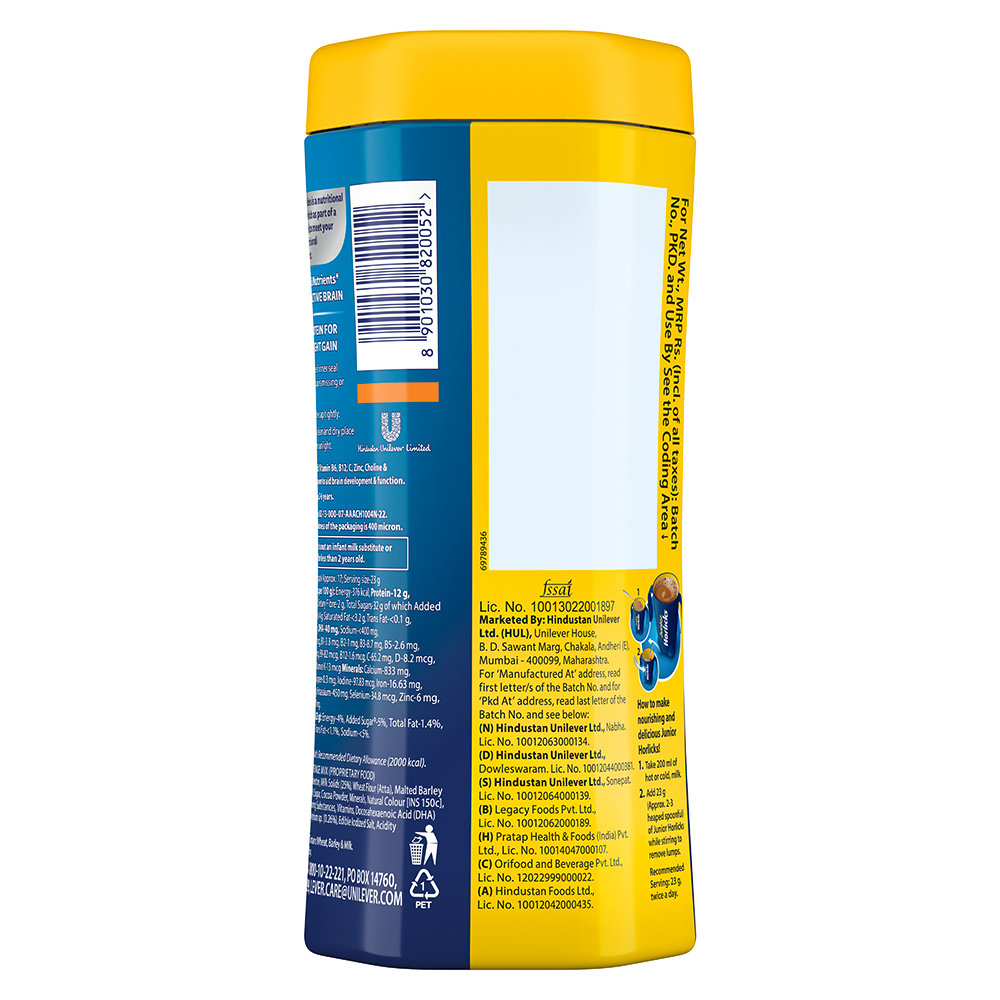 Junior Horlicks Chocolate Flavour Nutrition Powder 500 gm Jar | DHA, Protein | For Active Brain & Height Gain, Pack of 1 Junior Horlicks Chocolate Flavour Nutrition Powder 500 gm Jar | DHA, Protein | For Active Brain & Height Gain, Pack of 1