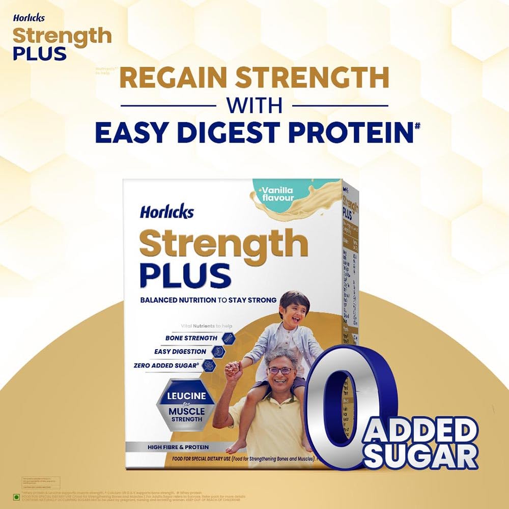 Horlicks Strength Plus Vanilla Flavour Powder 350 gm | Balanced Nutrition for Strength| Improve Bone & Muscle Strength |Easy Digestion, Pack of 1 Horlicks Strength Plus Vanilla Flavour Powder 350 gm | Balanced Nutrition for Strength| Improve Bone & Muscle Strength |Easy Digestion, Pack of 1