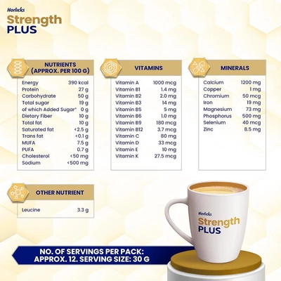 Horlicks Strength Plus Vanilla Flavour Powder 350 gm | Balanced Nutrition for Strength| Improve Bone &amp; Muscle Strength |Easy Digestion, Pack of 1