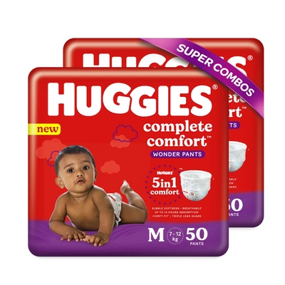 Huggies कम्प्लीट कम्फर्ट वंडर बेबी डायपर पैंट मीडियम, 100 काउंट (2x50), 1 का पैक