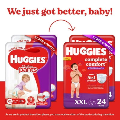 Huggies कम्प्लीट कम्फर्ट वंडर बेबी डायपर पैंट XXL, 48 काउंट (2x24), 1 का पैक