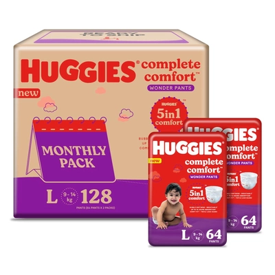 Huggies कम्प्लीट कम्फर्ट वंडर बेबी डायपर पैंट लार्ज, 128 काउंट (2x64), 1 का पैक