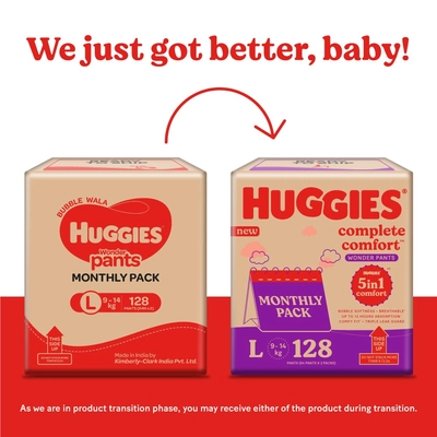 Huggies कम्प्लीट कम्फर्ट वंडर बेबी डायपर पैंट लार्ज, 128 काउंट (2x64), 1 का पैक