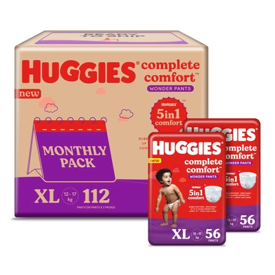 Huggies कम्प्लीट कम्फर्ट वंडर बेबी डायपर पैंट XL, 112 काउंट (2x56), 1 का पैक