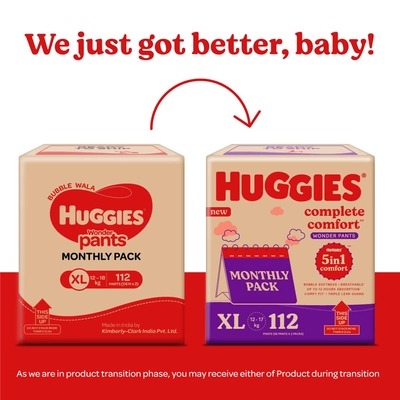 Huggies कम्प्लीट कम्फर्ट वंडर बेबी डायपर पैंट XL, 112 काउंट (2x56), 1 का पैक