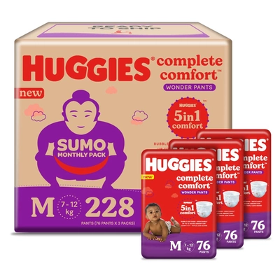 Huggies कम्प्लीट कम्फर्ट वंडर बेबी डायपर पैंट मीडियम, 228 काउंट (3x76), 1 का पैक