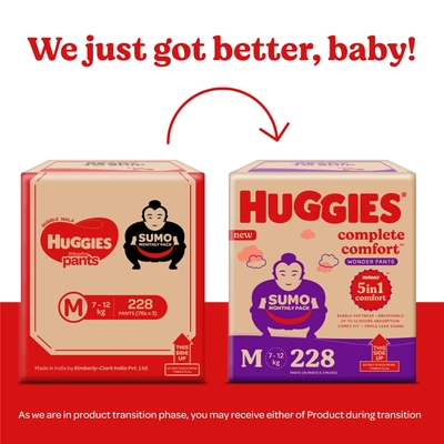 Huggies कम्प्लीट कम्फर्ट वंडर बेबी डायपर पैंट मीडियम, 228 काउंट (3x76), 1 का पैक