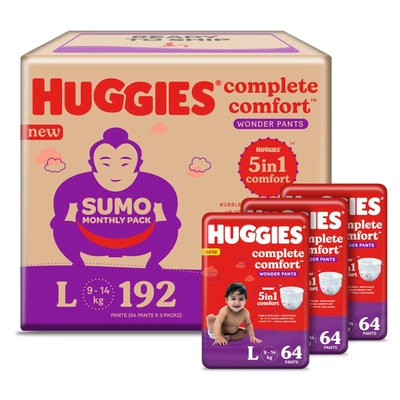 Huggies कम्प्लीट कम्फर्ट वंडर बेबी डायपर पैंट लार्ज, 192 काउंट (3x64), 1 का पैक