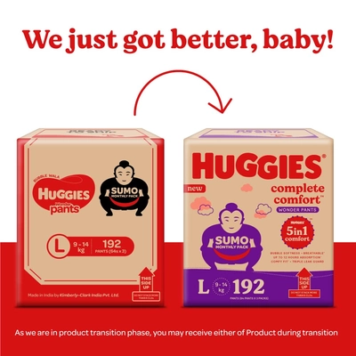 Huggies कम्प्लीट कम्फर्ट वंडर बेबी डायपर पैंट लार्ज, 192 काउंट (3x64), 1 का पैक