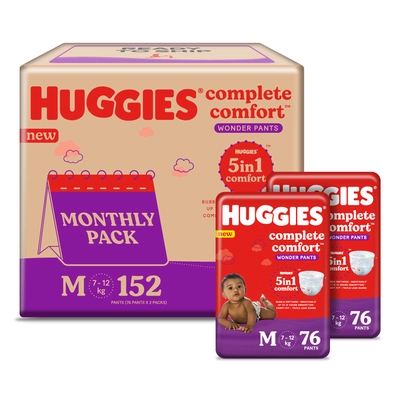 Huggies कम्प्लीट कम्फर्ट वंडर बेबी डायपर पैंट मीडियम, 152 काउंट (2x76), 1 का पैक