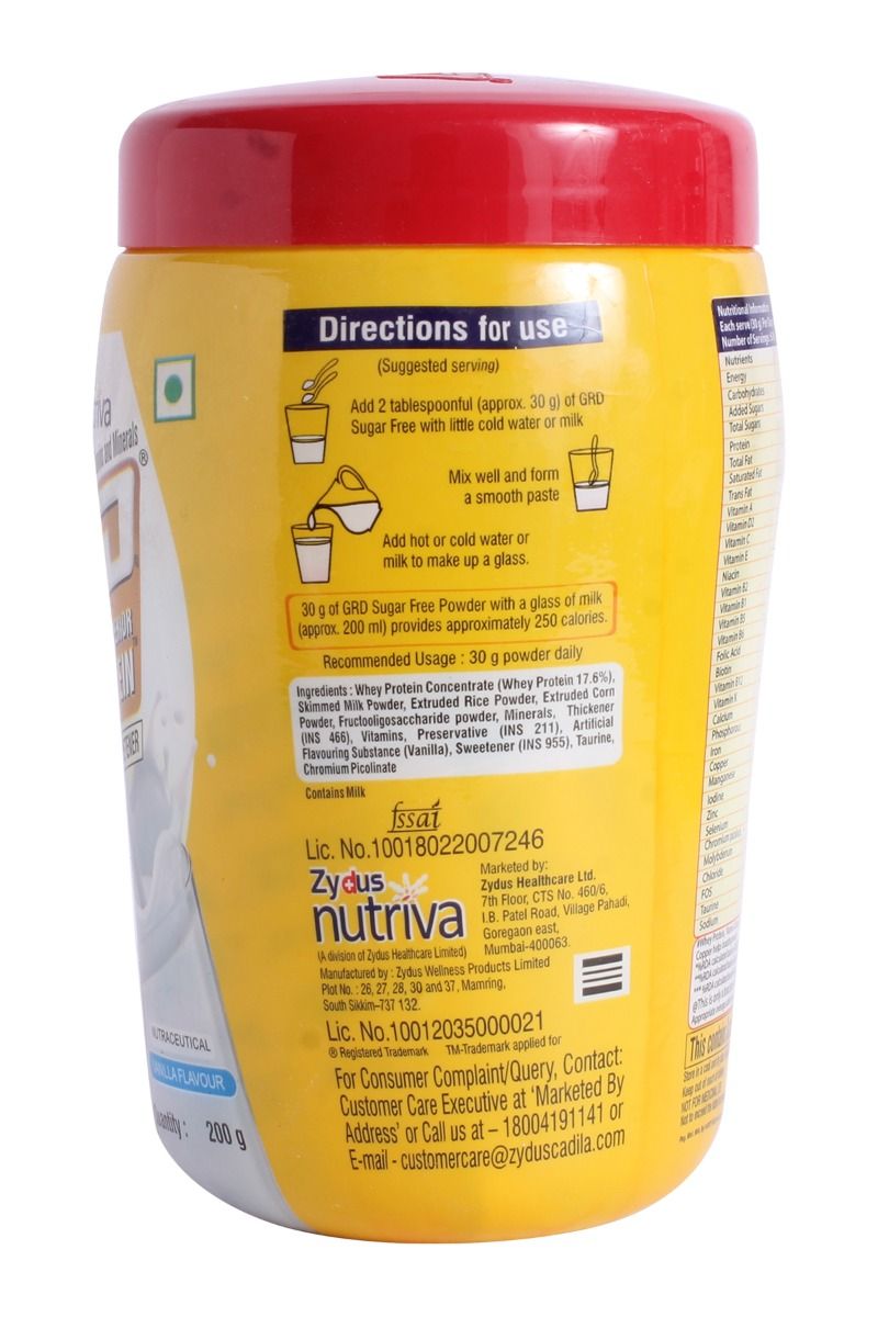 GRD Sugar Free Vanilla Flavour Powder 200 gm Jar Price Uses Side GRD Sugar Free Vanilla Flavour Powder 200 gm Jar Price Uses Side