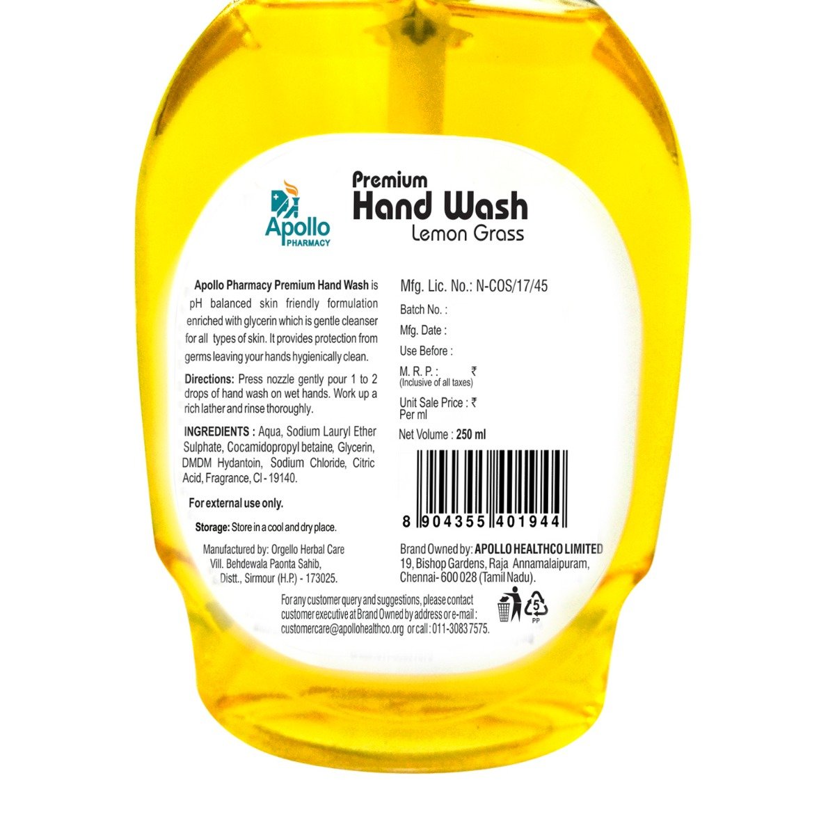 Apollo Pharmacy Premium Lemon Grass Handwash, 500 ml (2x250 ml), Pack of 2 Apollo Pharmacy Premium Lemon Grass Handwash, 500 ml (2x250 ml), Pack of 2