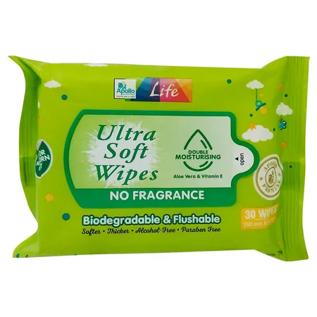 Apollo Life Ultra Soft Biodegradable & Flushable Baby Wipes, 30 Count