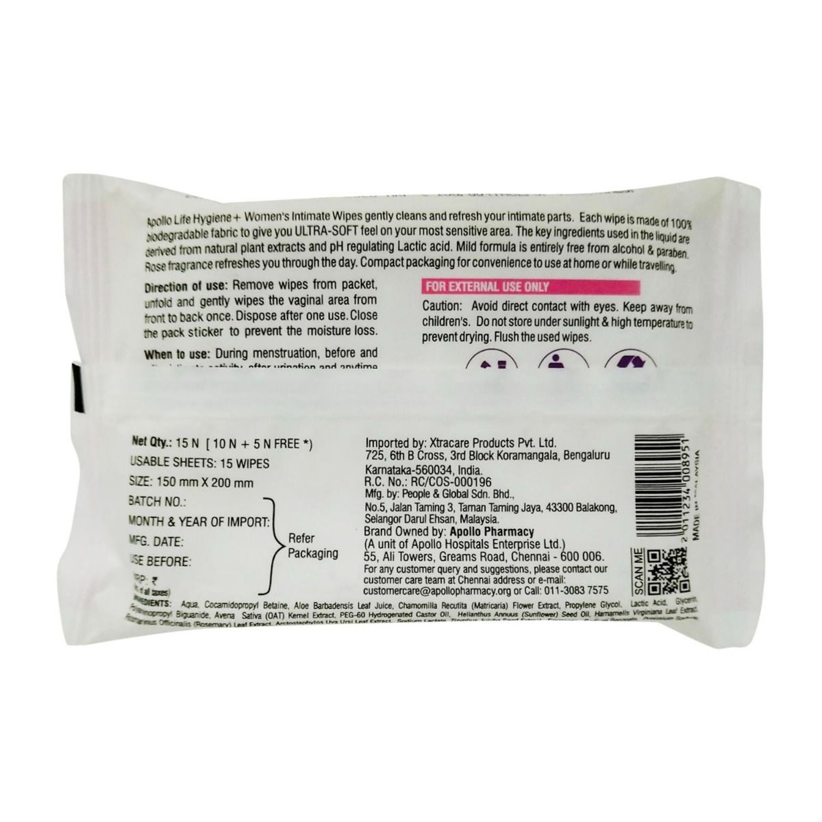 Apollo Pharmacy Hygiene Women's Intimate Wipes, 30 (2x15) Count Price