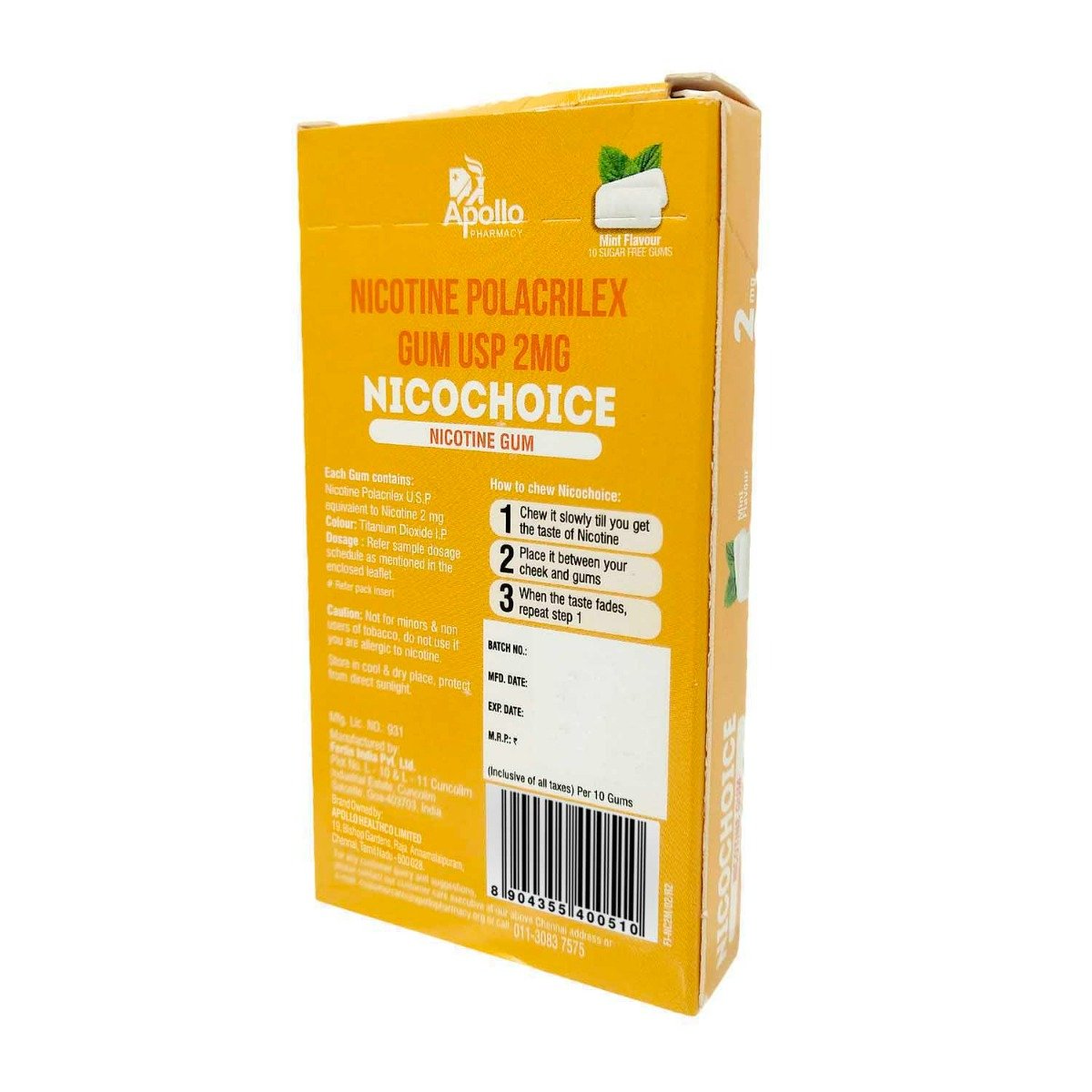 Apollo Pharmacy Nicochoice 2mg Nicotine Gum, 10 Count, Pack of 1 Apollo Pharmacy Nicochoice 2mg Nicotine Gum, 10 Count, Pack of 1