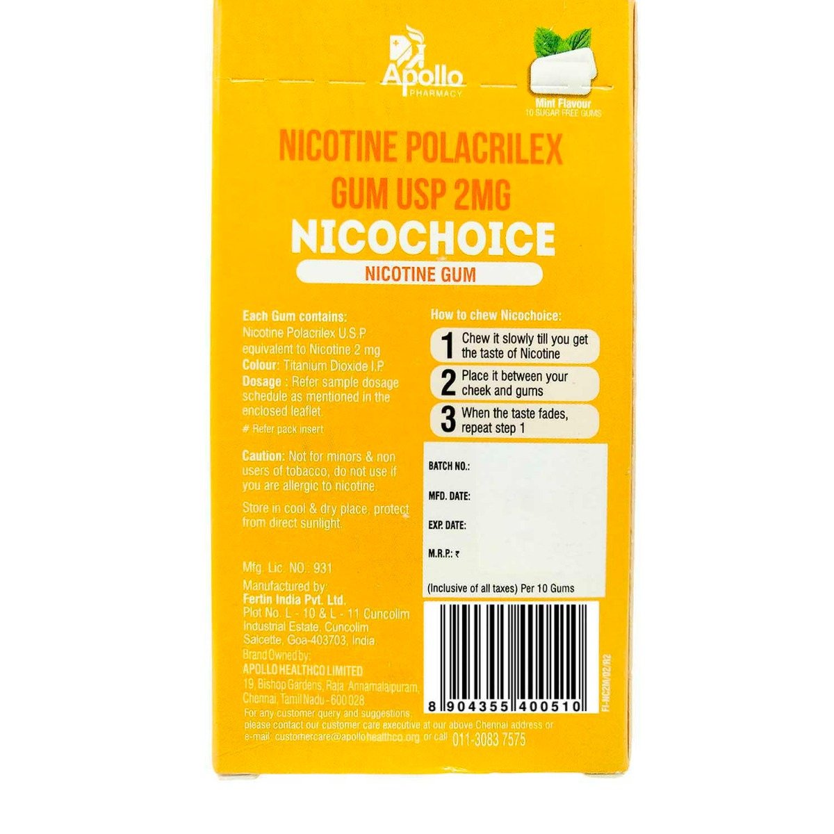 Apollo Pharmacy Nicochoice 2mg Nicotine Gum, 10 Count, Pack of 1 Apollo Pharmacy Nicochoice 2mg Nicotine Gum, 10 Count, Pack of 1