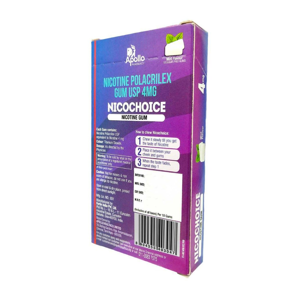 Apollo Pharmacy Nicochoice 4mg Nicotine Gum, 10 Count, Pack of 1 Apollo Pharmacy Nicochoice 4mg Nicotine Gum, 10 Count, Pack of 1