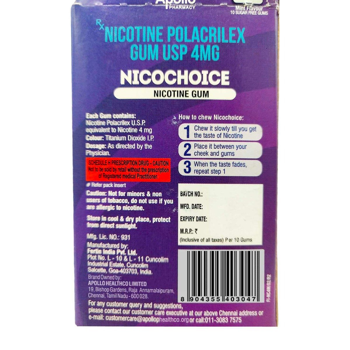 Apollo Pharmacy Nicochoice 4mg Nicotine Gum, 10 Count, Pack of 1 Apollo Pharmacy Nicochoice 4mg Nicotine Gum, 10 Count, Pack of 1