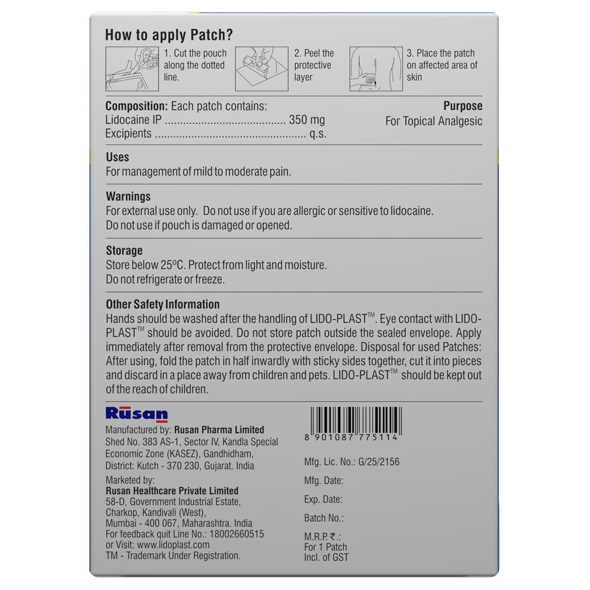 Lido-Plast 350 mg Pain Relief Patch 1's, Pack of 1 Patches Lido-Plast 350 mg Pain Relief Patch 1's, Pack of 1 Patches
