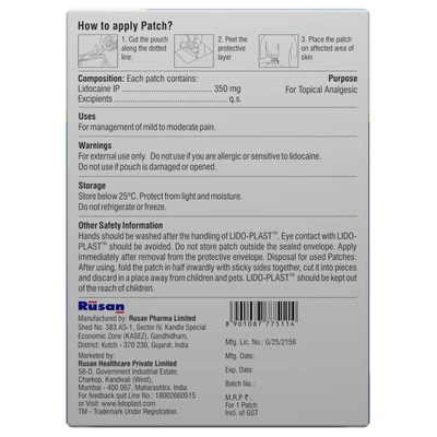 Lido-Plast 350 mg Pain Relief Patch 1's, Pack of 1 Patches