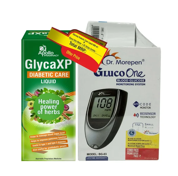 Apollo Pharmacy Glycaxp Diabetic Care Liquid 900 ml + Dr. Morepen Gluco-One Blood Glucose Monitoring System+25 Strips, Combo Pack
