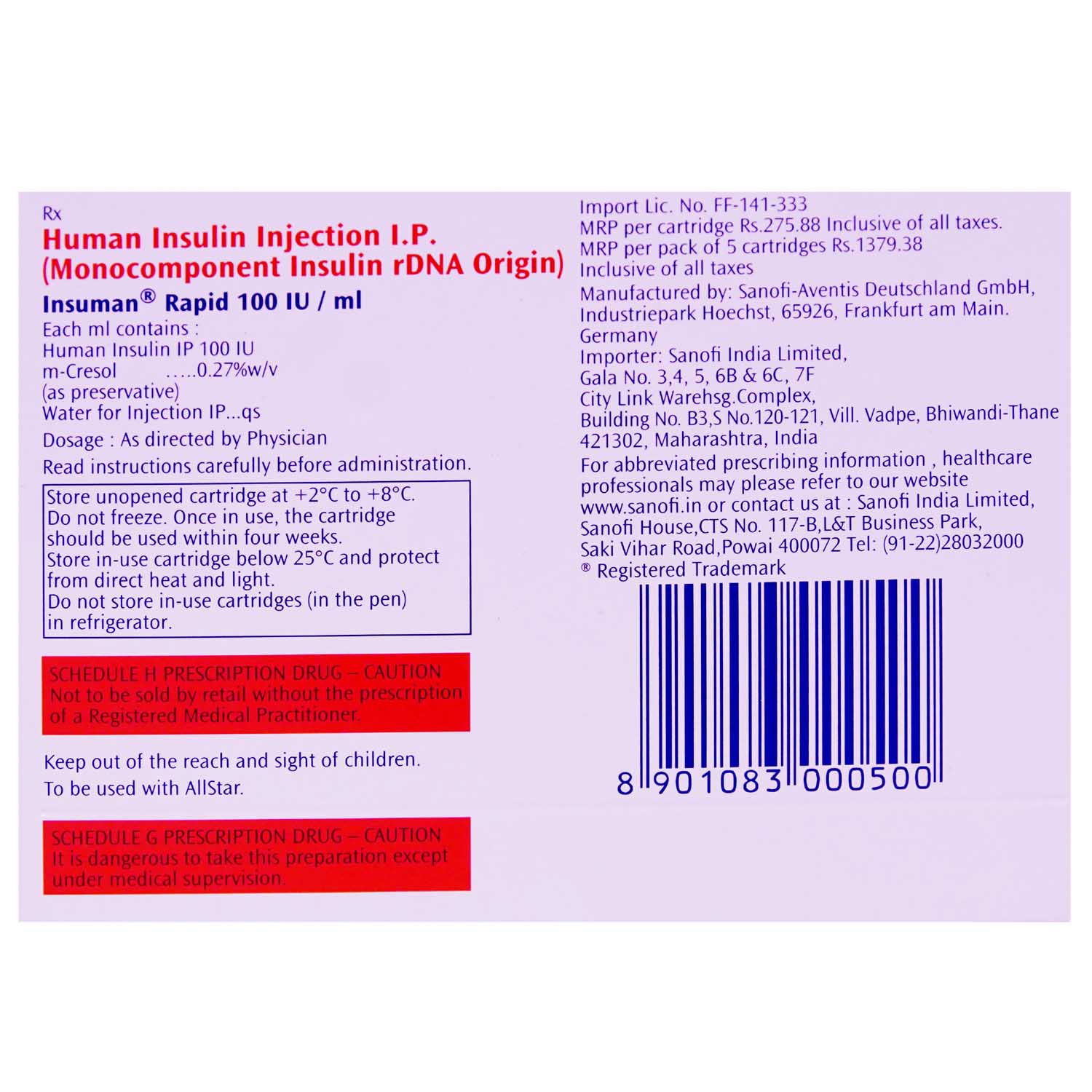 Insuman Rapid 100Iu Injection 5 x 3 ml , Pack of 5 InjectionS Insuman Rapid 100Iu Injection 5 x 3 ml , Pack of 5 InjectionS