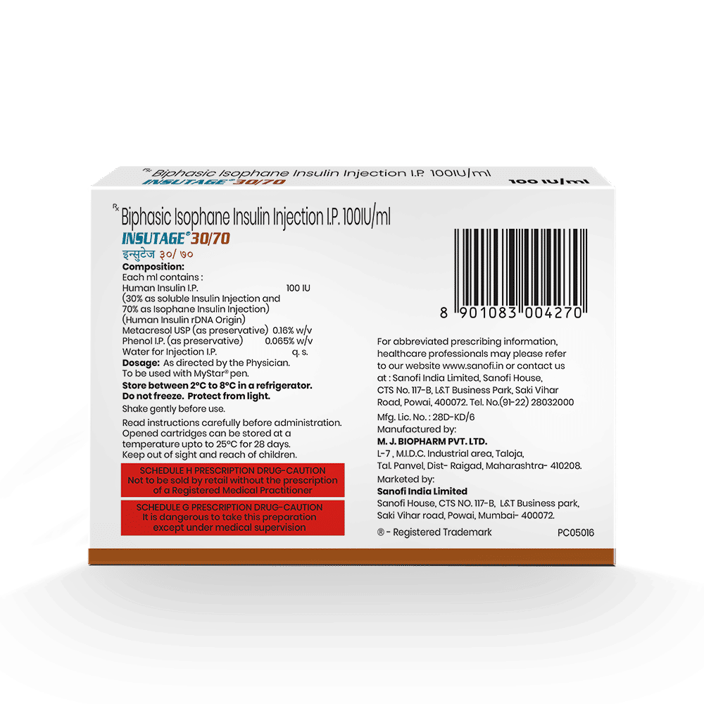 Insutage 30/70 100Iu/Ml Injection 3 ml, Pack of 1 INJECTION Insutage 30/70 100Iu/Ml Injection 3 ml, Pack of 1 INJECTION