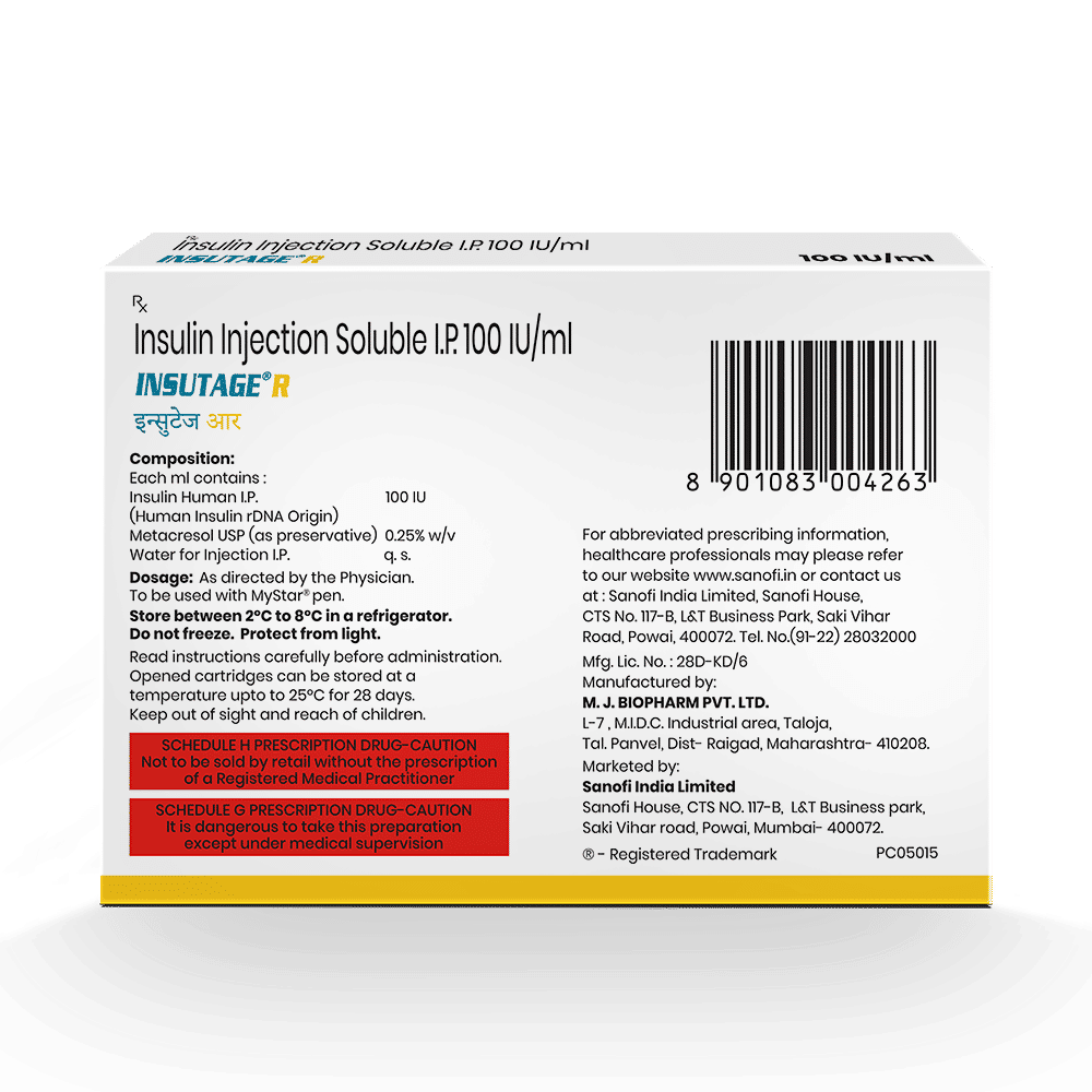 Insutage R 100Iu/Ml Cartridge 3 ml, Pack of 1 INJECTION Insutage R 100Iu/Ml Cartridge 3 ml, Pack of 1 INJECTION