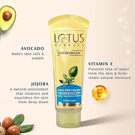 Lotus Herbals Jojobawash Active Milli Capsules Nourishing Face Wash 150 gm | Jojoba, Vitamin E & Avocado | Cleanses, Nourishes & Softens Skin | For All Skin Type, Pack of 1 Lotus Herbals Jojobawash Active Milli Capsules Nourishing Face Wash 150 gm | Jojoba, Vitamin E & Avocado | Cleanses, Nourishes & Softens Skin | For All Skin Type, Pack of 1