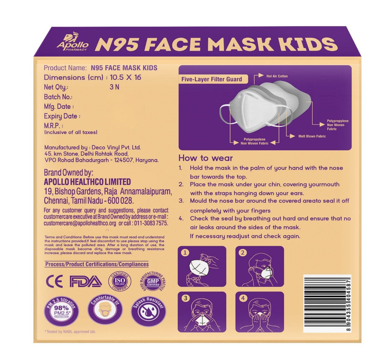 Apollo Pharmacy N95 5 Layers Face Mask for Kids, 3 Count, Pack of 1 Apollo Pharmacy N95 5 Layers Face Mask for Kids, 3 Count, Pack of 1