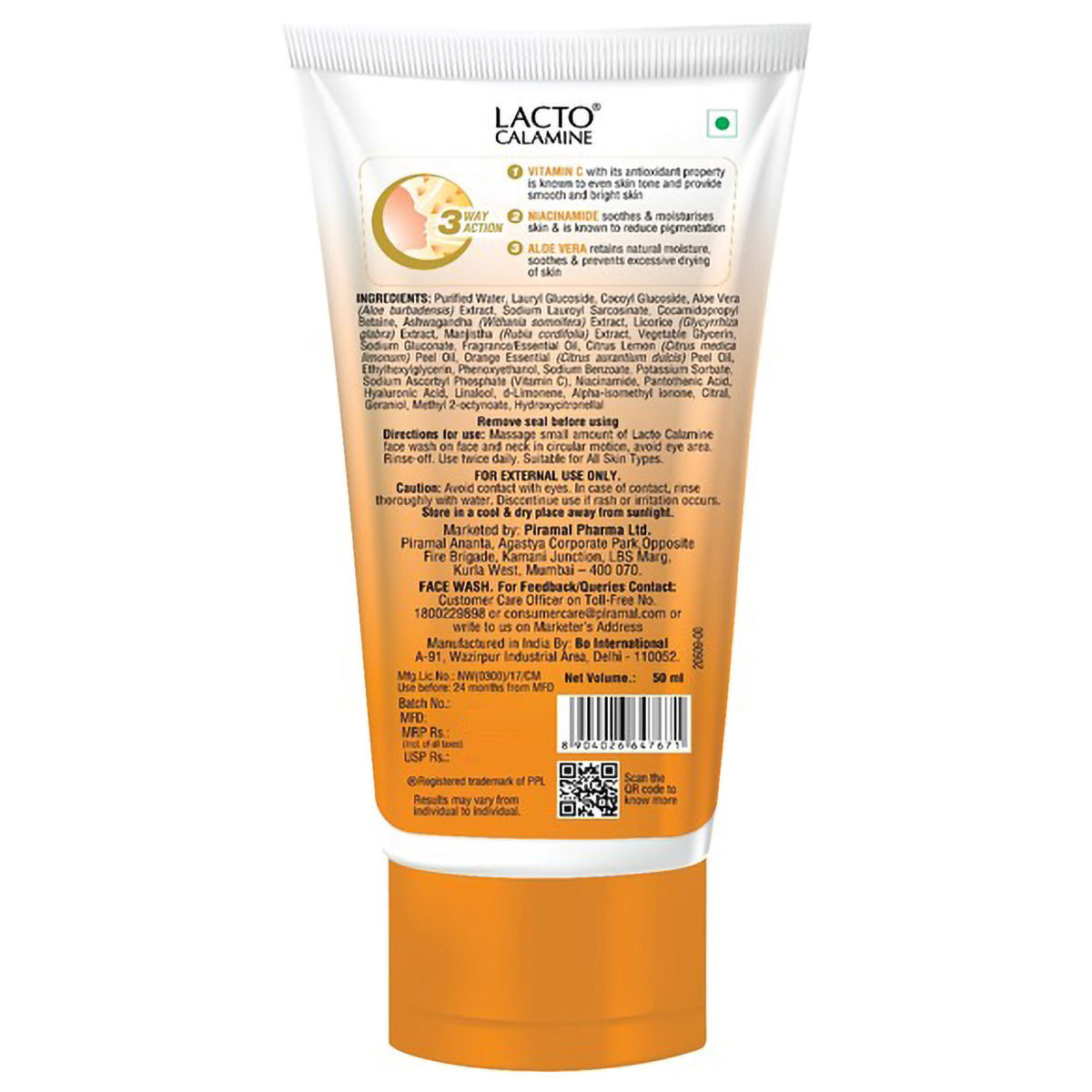 Lacto Calamine Vitamin-C Face Wash 50 ml | Vitamin C, Aloe Vera & Niacinamide | Exfoliates & Hydrates Skin | For Brighter & Glowing Skin | For All Skin Type, Pack of 1 Lacto Calamine Vitamin-C Face Wash 50 ml | Vitamin C, Aloe Vera & Niacinamide | Exfoliates & Hydrates Skin | For Brighter & Glowing Skin | For All Skin Type, Pack of 1